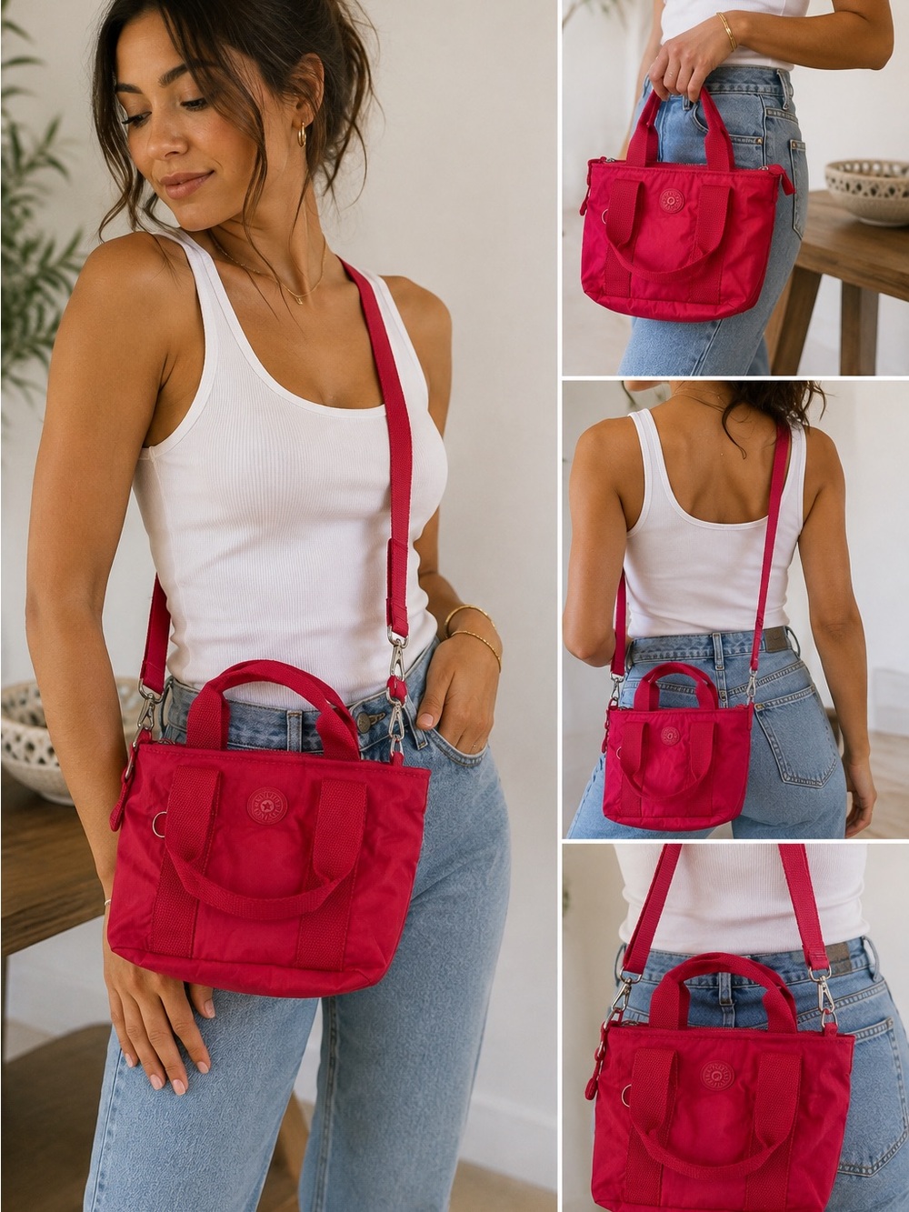 Kipling Raspberry Pink Nylon Satchel Crossbody Bag Top Handle Lightweight Travel